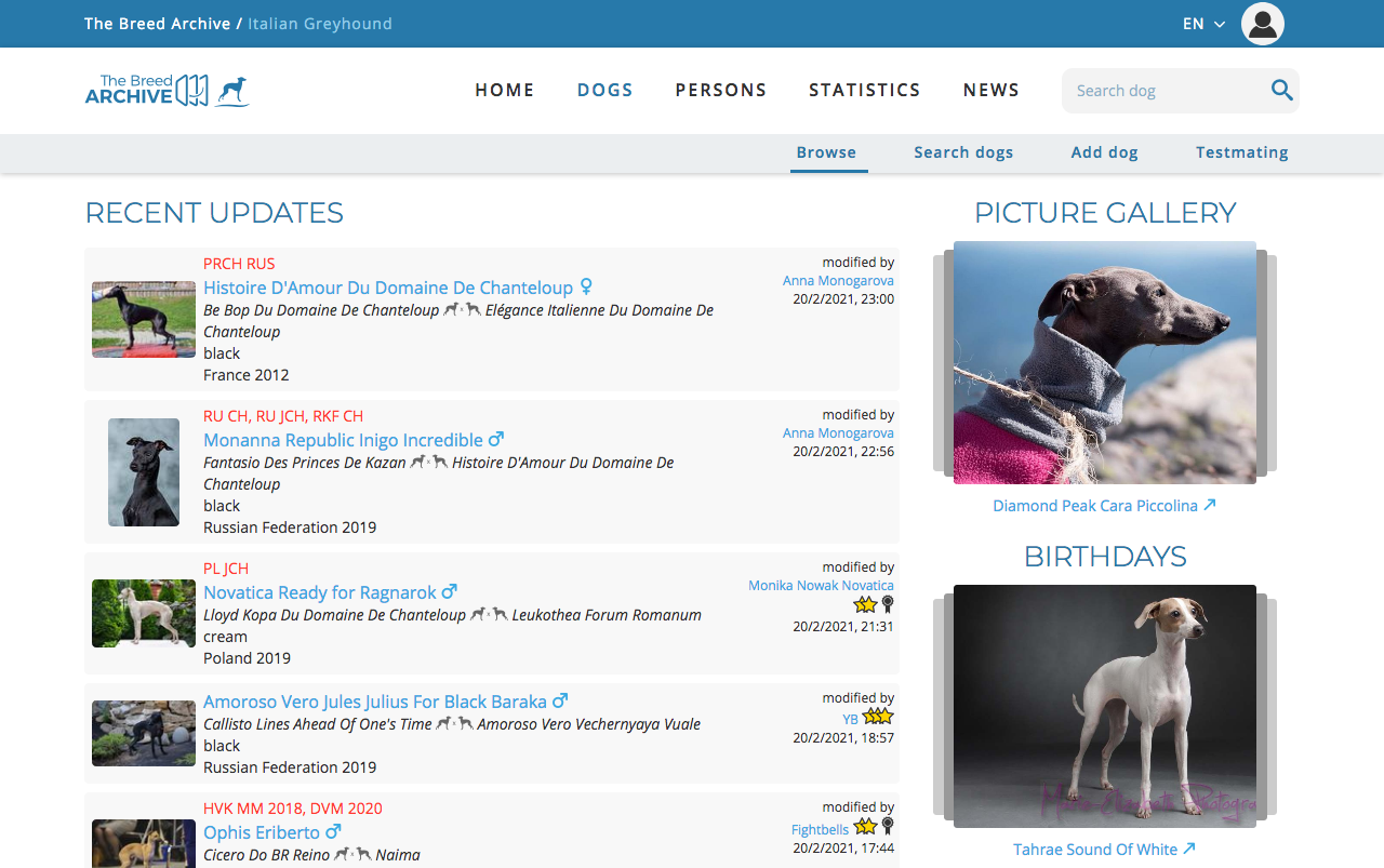 New browse dogs page with recent updates, picture gallery and upcoming birthdays