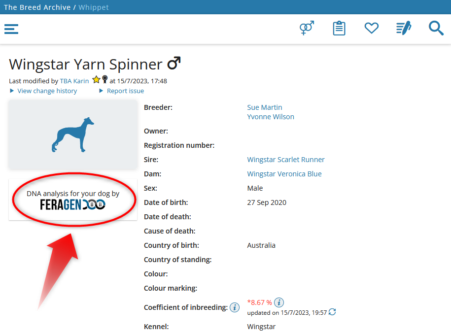 Animal's detail page with link to FERAGEN DNA analysis