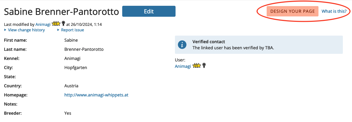 Screenshot showing how to start designing the personalised Breeder Page