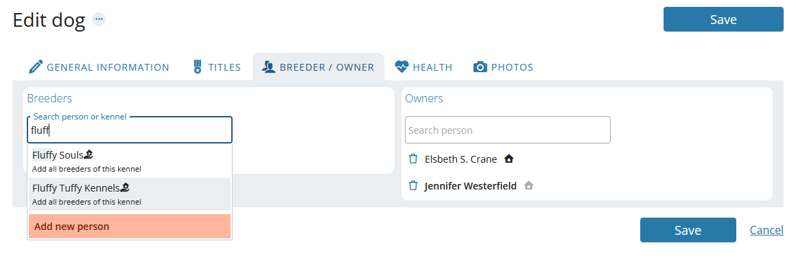 Manage breeders and owners of a dog